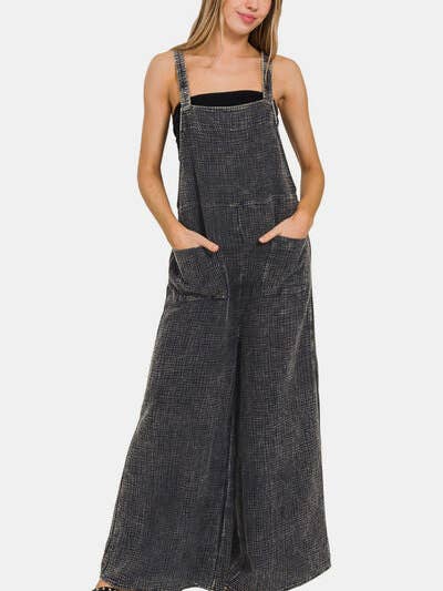 ASHBLACK Zenana Washed Double Gauze Elastic Waist Wide Leg Overalls for wholesale on Faire