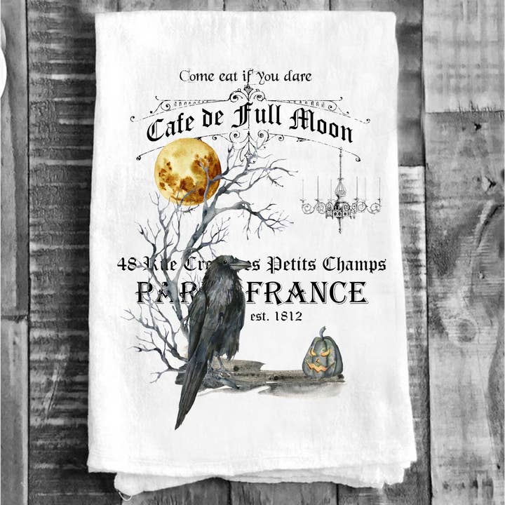 Avery Lane Gifts – wholesale Tea towel – Cafe De Full Moon Paris Halloween Cotton Tea Towels Kitchen