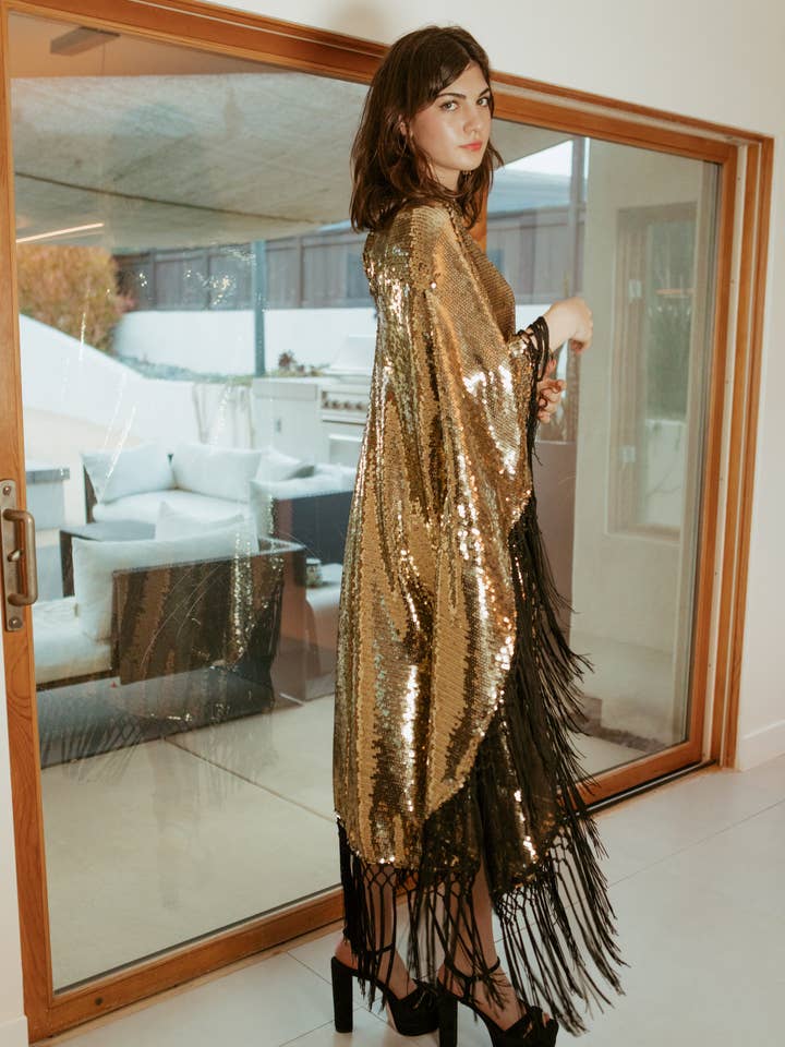 Midnight Cabaret Gold Sequin Mock Neck Caftan Dress with Slip for wholesale by Jennafer Grace