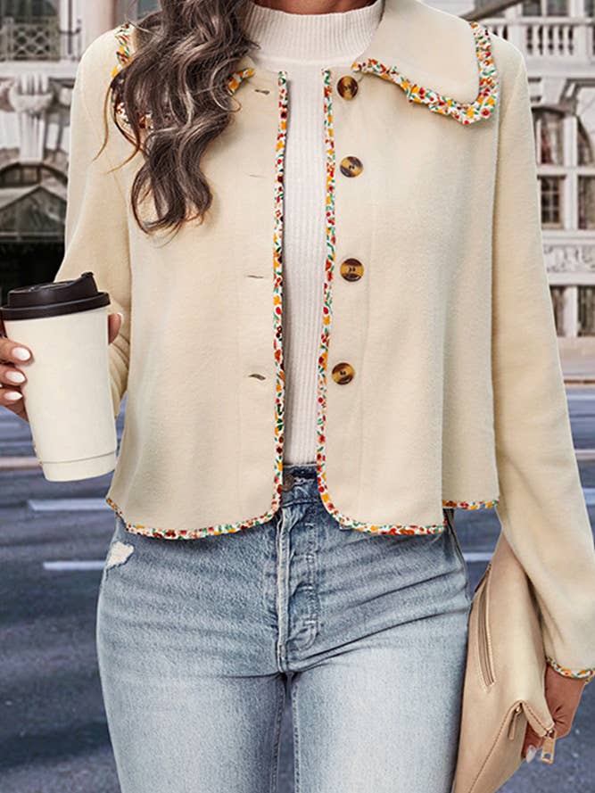 Lapel Button Floral Trim Short Jacket BFZY631 for wholesale by UNISHE