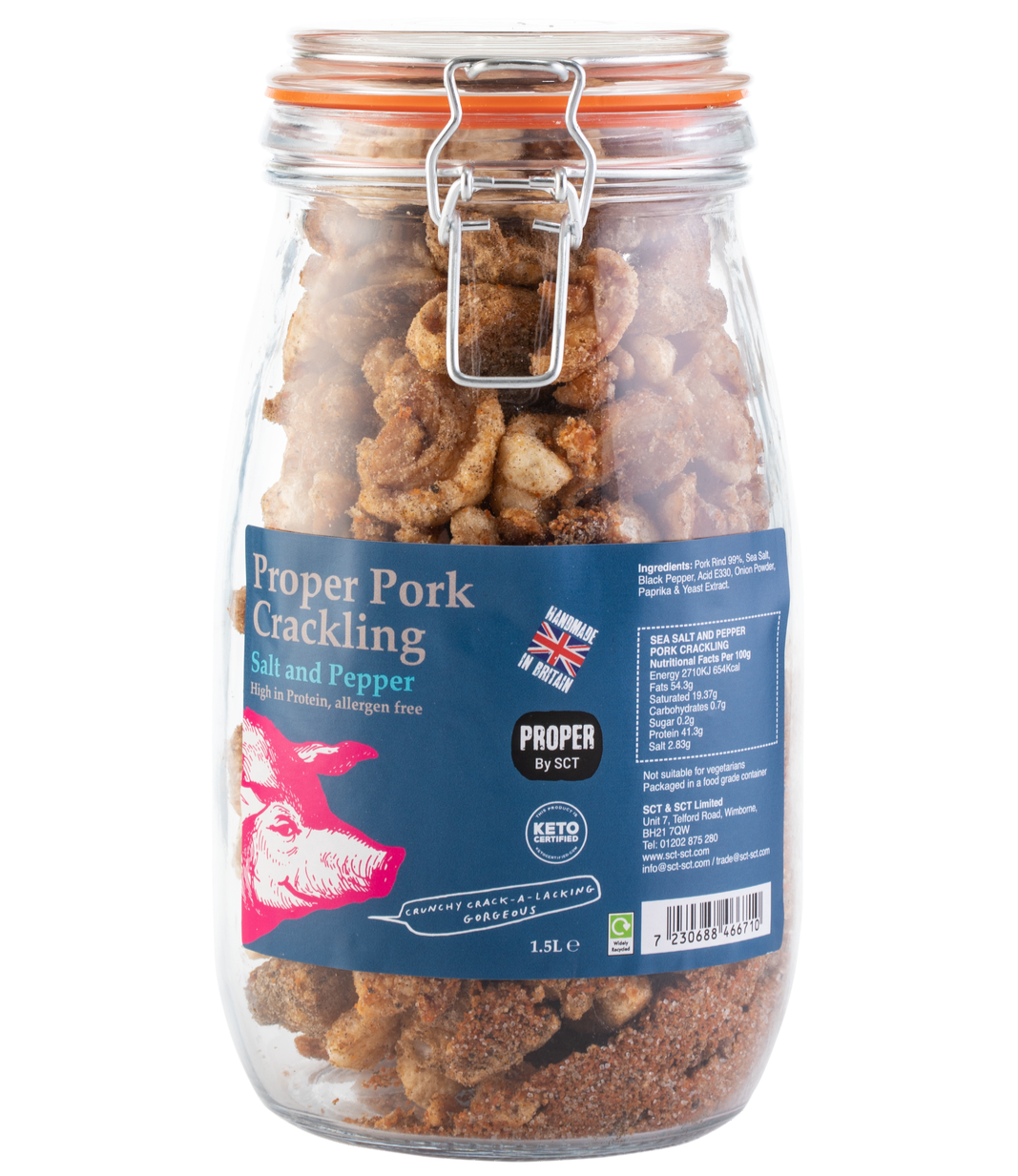 Robert’s Dorset – wholesale Puffed snack – Proper Pork Crackling 1.5L / 390g Glass Jar5