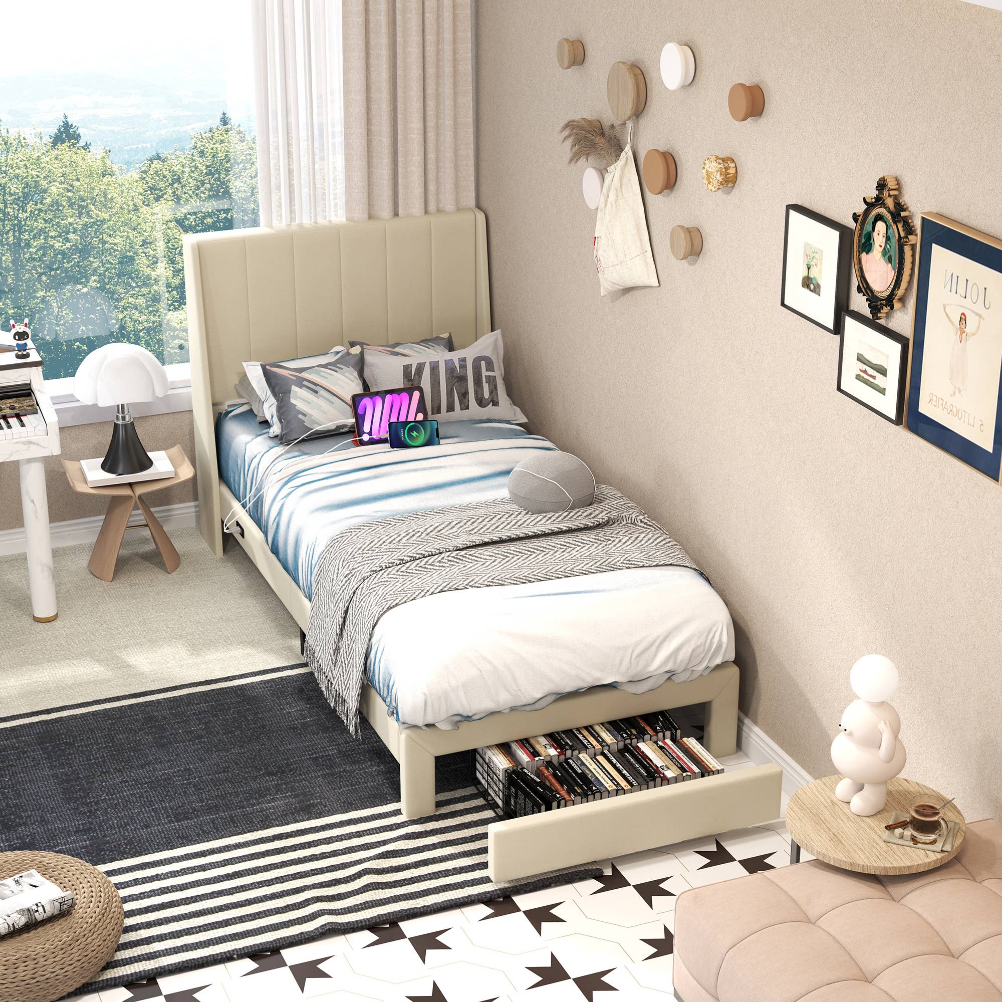 39F Inc. - Wholesale Bed - Twin Size Upholstered Platform Bed Frame w Drawer &USB