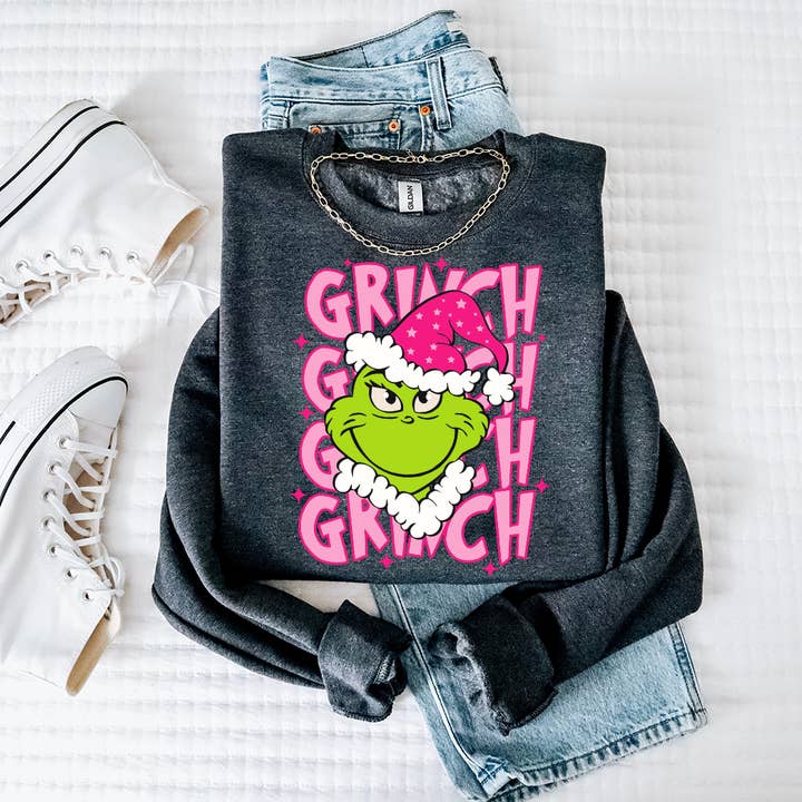Pink Grinch Holiday Crewneck for wholesale by Talking Too Loud Apparel