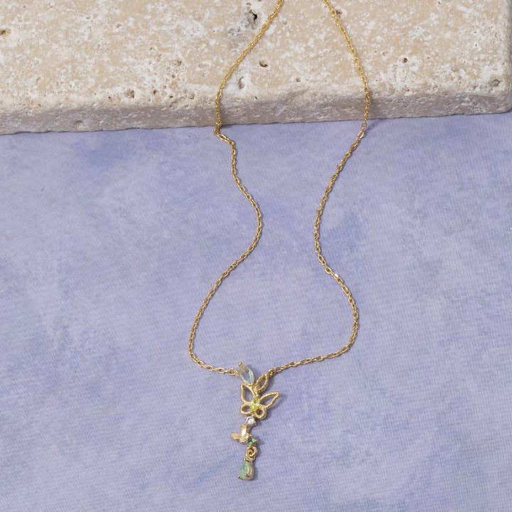 Gold Dipped Mixed Cz Butterflies Y Chain Necklace for wholesale by Fame Accessories