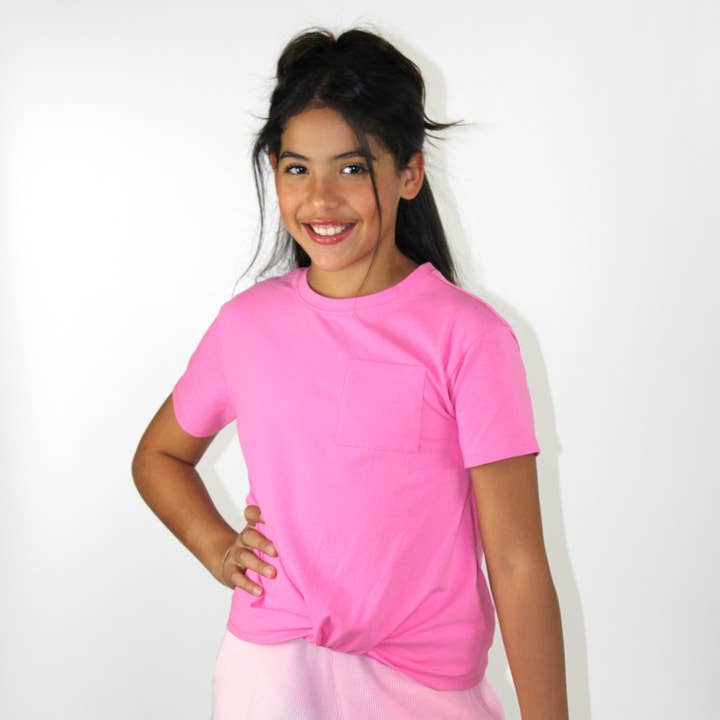 Knot and front pocket t-shirt-PINK COSMOS - TWEEN GIRLS for wholesale by Paper Flower