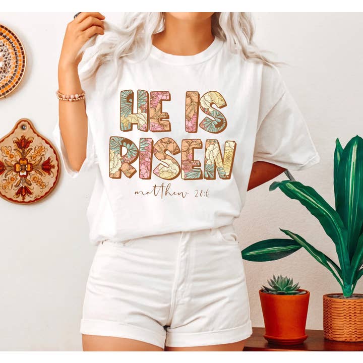 He Is Risen Matthew 28:6 T-Shirt or Crew Sweatshirt for wholesale by Peach Closet