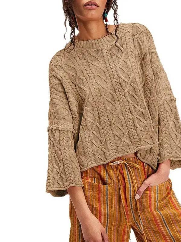 Lovesoft - Wholesale Knit Sweater - Women's - Cropped Cable Knit Sweater with Bell Sleeves3
