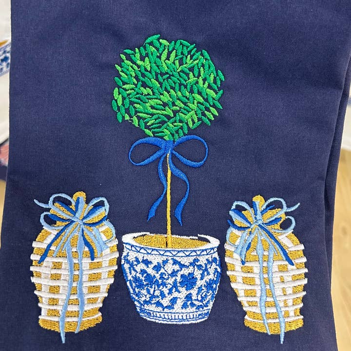 Towel - Gold Jars with Topiary and Blue Bows on navy for wholesale by Vibrantly Blue