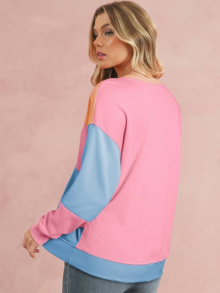 Sudadera azul cielo con bloques de color y hombros caídos para venta al por mayor de Kustom Kreations Goods