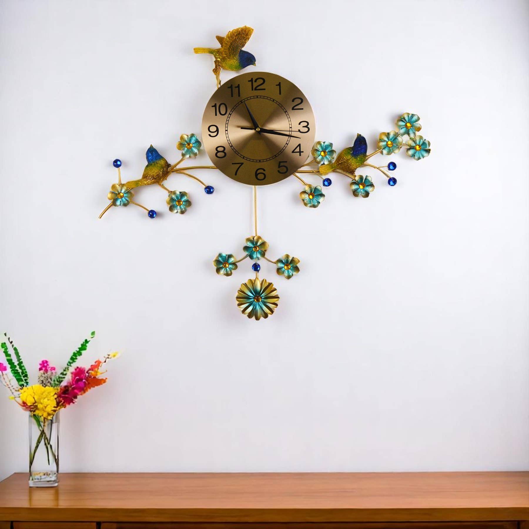 HomeRoots - Wholesale Wall Clock - 24" Blue Green And Gold Silent Pendulum Floral Wall Clock0