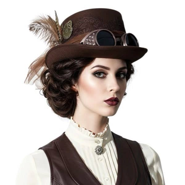 Brown Steampunk Goggles Top Hat for wholesale by KBW Global Corp.