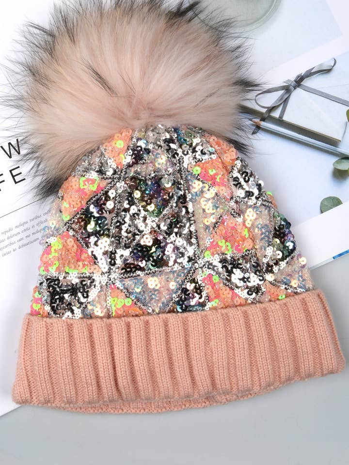 Gorro de lentejuelas con pompón de piel de zorro real para venta al por mayor de Suzie Q USA