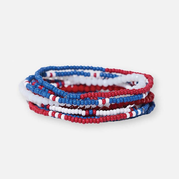 Game Day Color Block Beaded 10 Strand Stretch Bracelets Red and Blue Wholesale for wholesale by INK + ALLOY