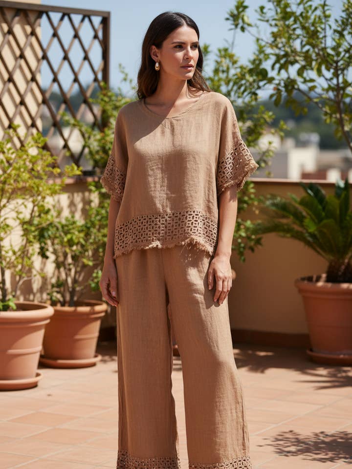 Top in linen with embroidery, short sleeves, V-neck 15845 for wholesale by Shyloh