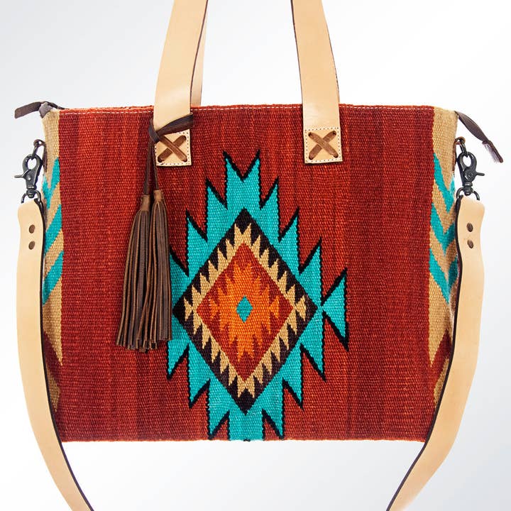 LS Western - Wholesale Tote Bag - Women's - LC-ADBG575D Southwestern Wool Tote with Natural Leather Straps Handwoven Tribal Pattern & Tassel8