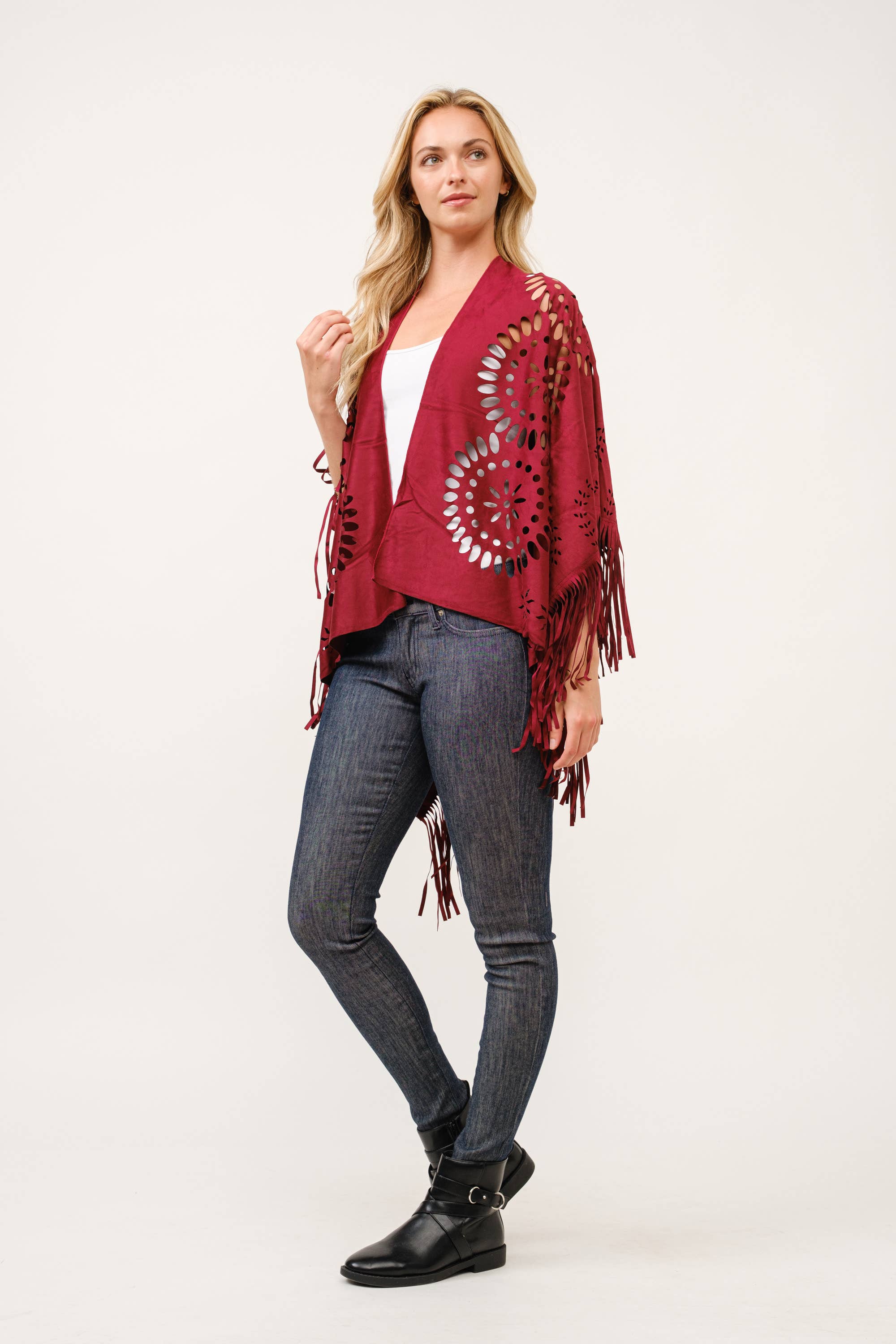 Raj Trading & Imports (USA) Inc. – wholesale Poncho – Women's – Willa Faux Suede Western Style Poncho Ruana5