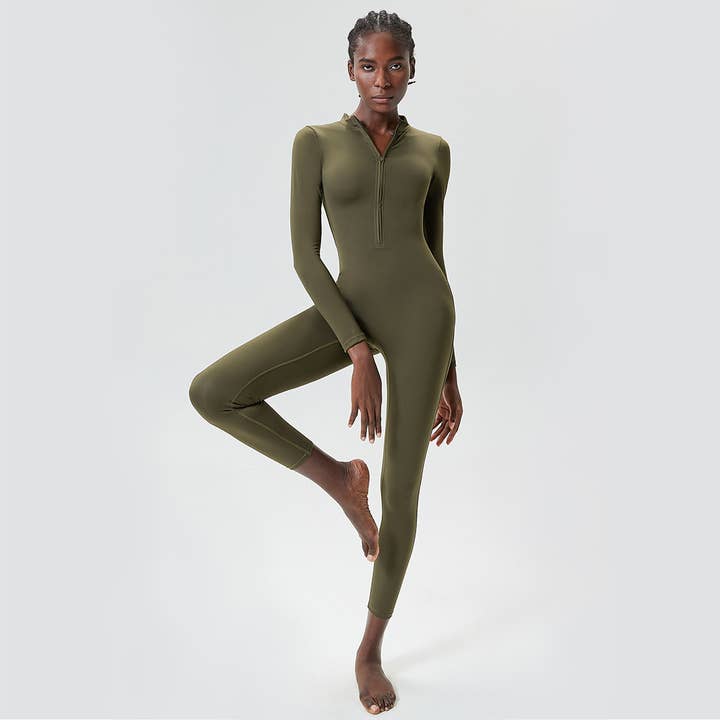 Sodalemon - Wholesale Jumpsuit - Women's - Front Half Zipper Yoga Solid Color Fitness Sports Jumpsuit