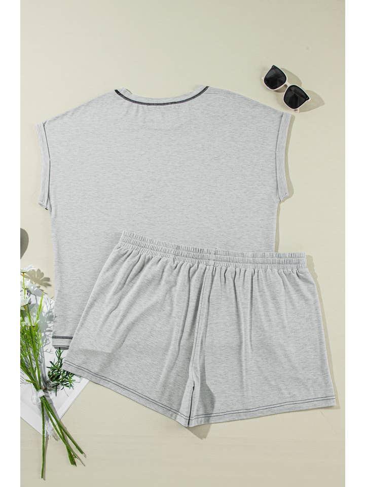 Gray Contrast Stitching Cuffed Sleeve Plus Shorts Set for wholesale on Faire