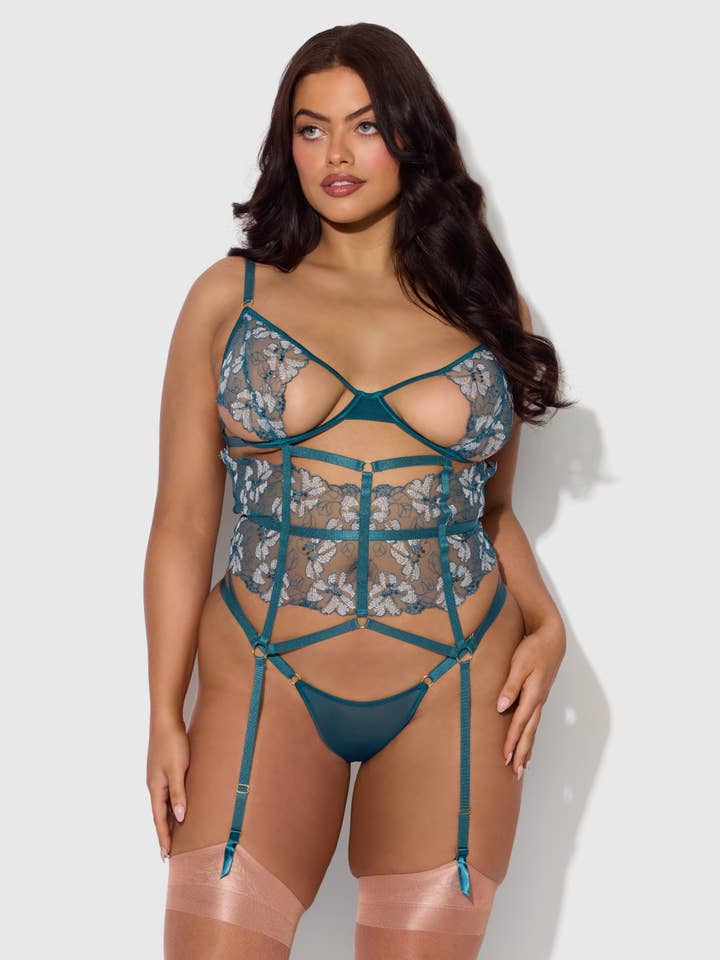 House of Desire - Wholesale Lingerie Set - Women's - NOVA BLACKLIGHT LACE CORSET & CROTCHLESS G-STRING SET