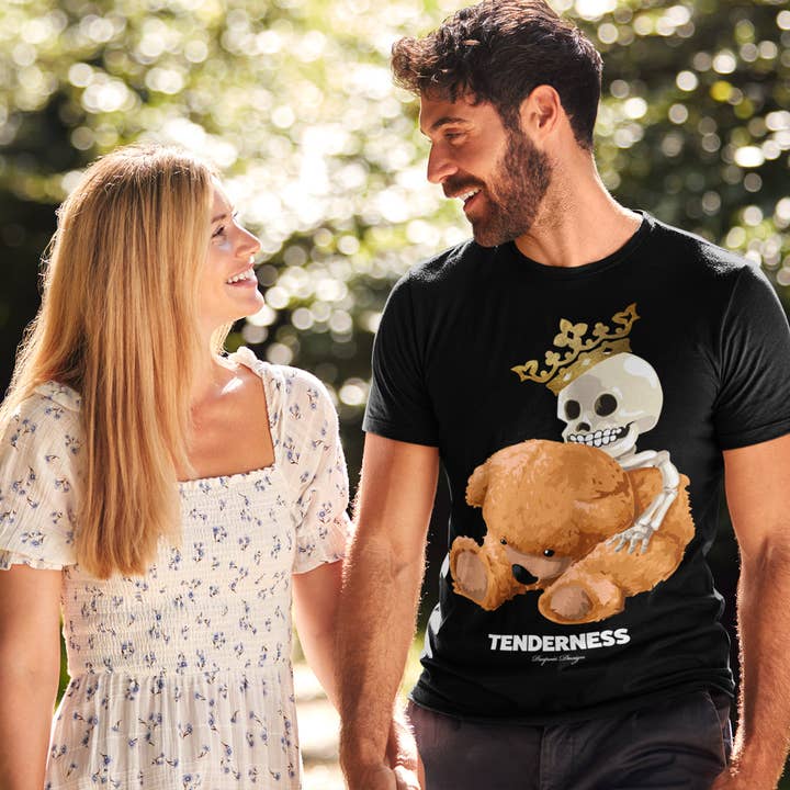 Paapaiii - Vendita all'ingrosso Maglietta serigrafata - Donna - T-shirt in cotone bianche e nere con teschio e orso