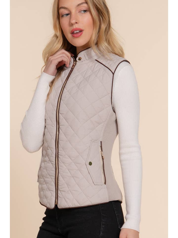 Active Basic | Active USA - Wholesale Outerwear Vest - Women's - Suede Piping Detail Rib Quilted Padding Vest