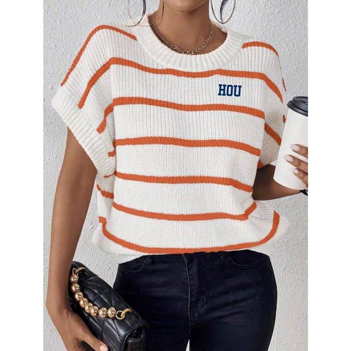 Houston Loose Striped Short Sleeve Knitted Top for wholesale by Elby Designs Apparel