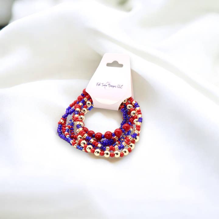 Fish Towne Designs, LLC - Wholesale Jewelry Set - Red and Blue Game Day Seed Bead Bracelet Stack Set of 87