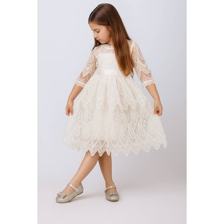 White Vintage Lace 3/4 Sleeve A-Line Girl Dress   for wholesale by Fennco Styles