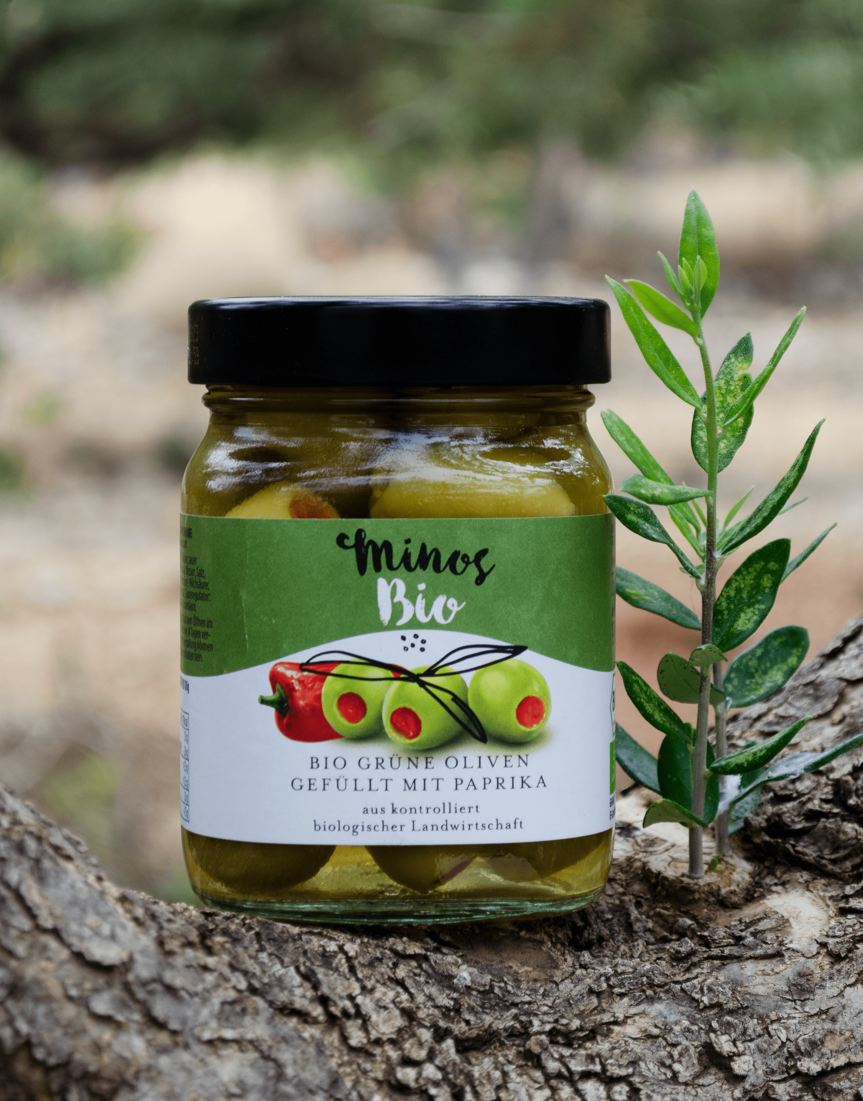 Minos - Wholesale Olives - Organic green olives with peppers 370ml1