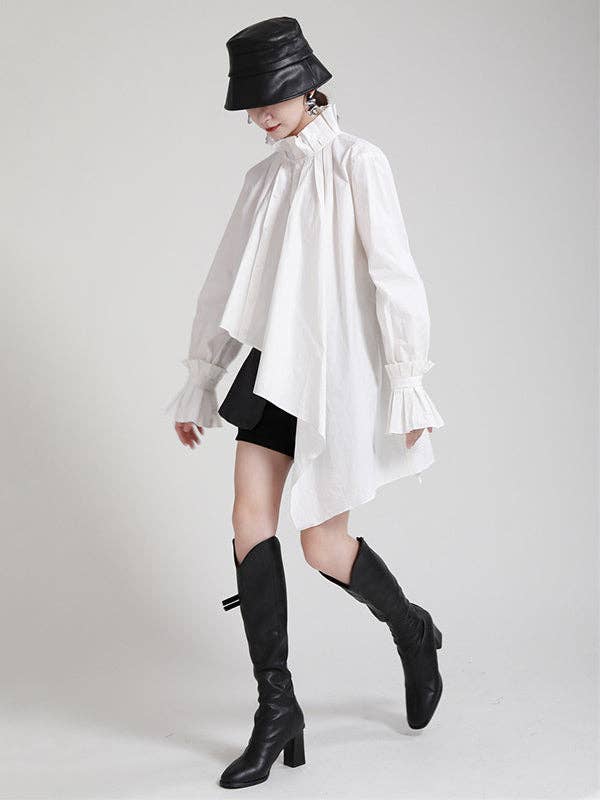 WHITE Original Stylish Irregular Pleated Buttoned Stand Collar Long Sleeves Blouse for wholesale on Faire8