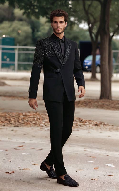 Masculine Moda – Blazer - Homem por atacado – Blazer de Smoking Preto Decorado para Homem – Terry Rayon2