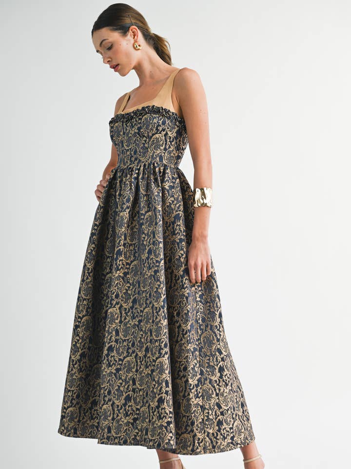 YD5051 Gold Damask Midi Dress for wholesale by Endless Blu