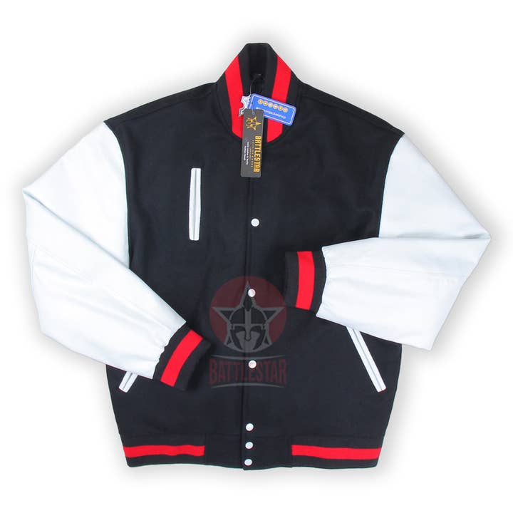Battlestar Clothing & Gear Co - Wholesale Varsity/Baseball Jacket - Men's - Black Wool & Leather Varsity Jacket - Red Rib Detailing