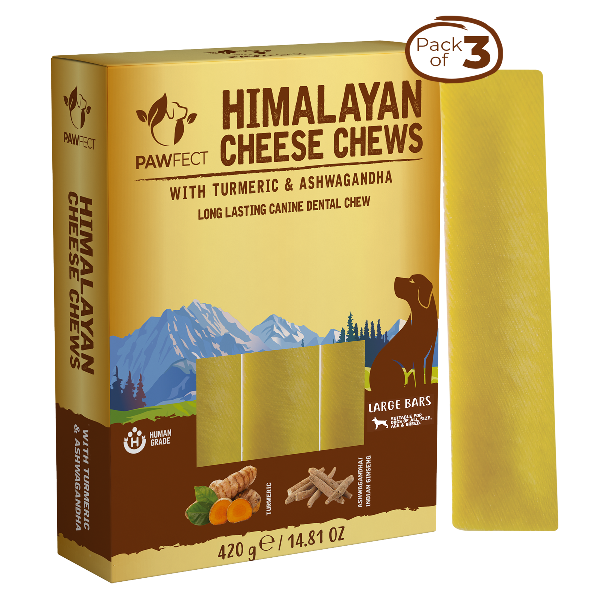 Pawfect Foods - Vente Friandises – chien - Friandises au fromage de l'Himalaya Pawfect avec curcuma et ashwagandha pour chiens|Bâtonnet dentaire 100% naturel|Nettoie les dents|Aide à éliminer la plaque et le tartre|Sans céréales|Mâche longue durée|Lot de 37