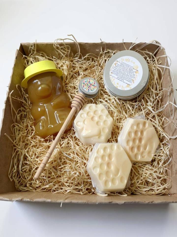 Handmade Large Honey Bee Gift Set with Raw Unpasteurised Honey, Drizzle, Essential Oil Balm and Honey and Shea SLS Free Soaps for wholesale by The Stuff I Love