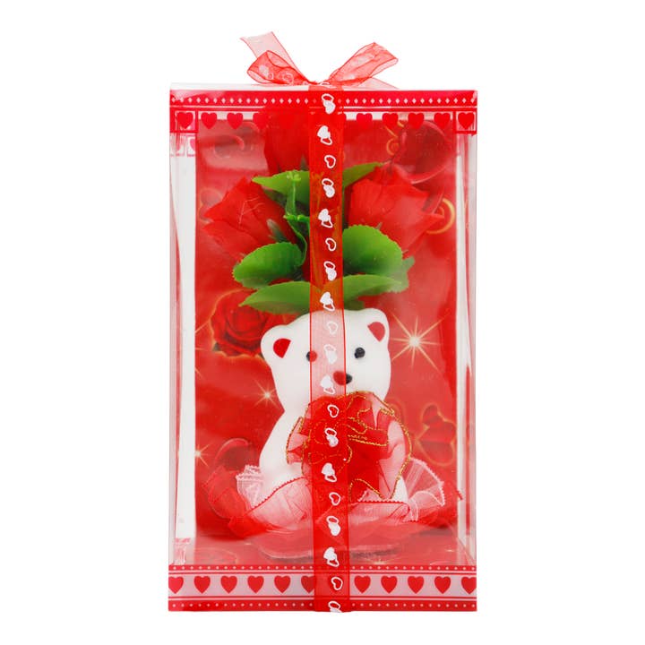 Cap Zone - Wholesale Decorative Tabletop Object - Red Frill Lace Teddy Bear Rose Bouquet Gift Box