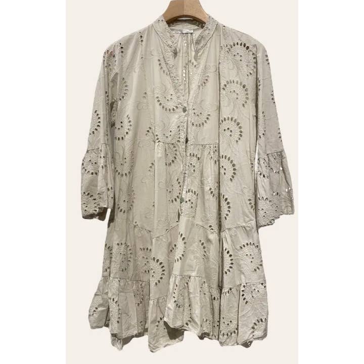 9802S Beige One Size Cotton English Embroidery Short Dress for wholesale by LOOWIE