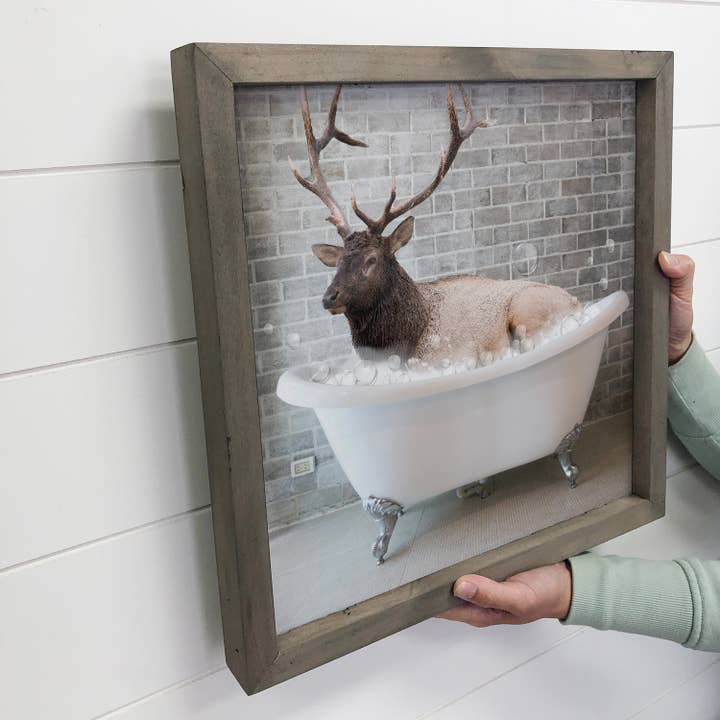 Elk in a Bubble Bath Funny Bathroom Greywash Wood Frame for wholesale by Hangout Home