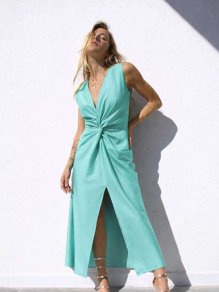 P3166 SLEEVELESS DRESS WITH KNOT IN MATTE AQUA GREEN CREPE for wholesale by Moqette