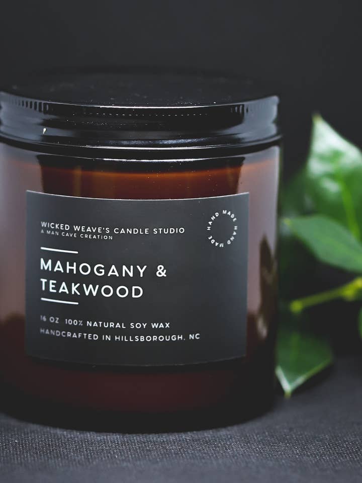 Mahogany Teakwood  Soy Wax Candle (5 Size Options) for wholesale by Wicked Weave’s Candle Studio