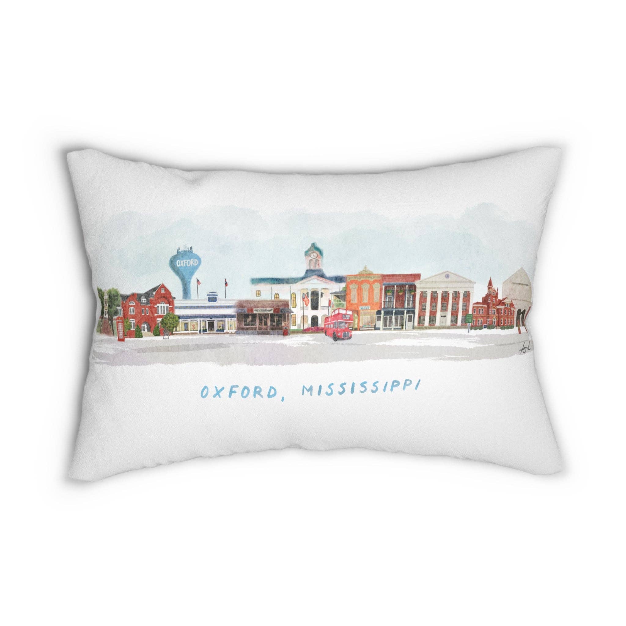 Carper Creative Co. – wholesale Throw/decorative pillow – Oxford, MS Skyline Watercolor Collage Lumbar Pillow