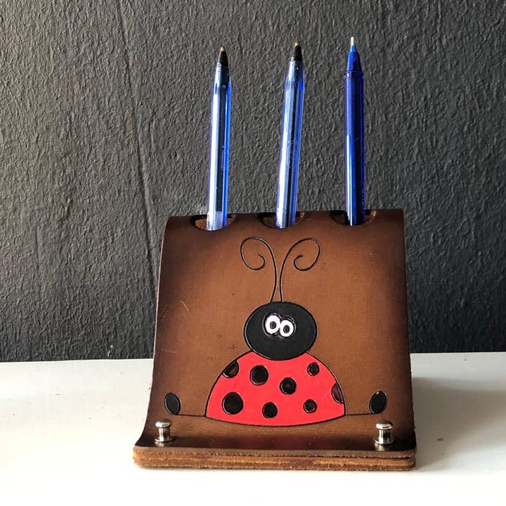 Leather Pencil Mobile Phone Holder Table Organizer Ladybird for wholesale by ML Marcaleather