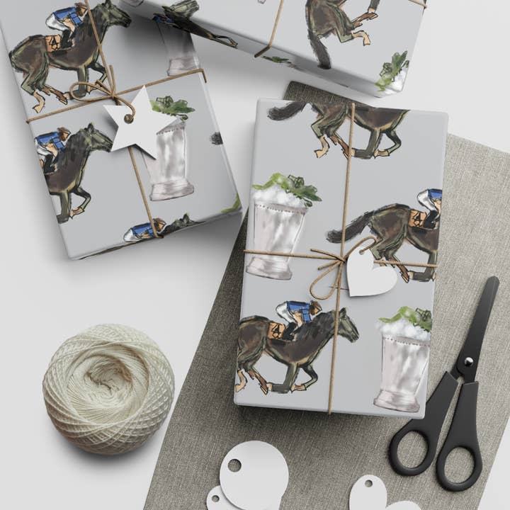 Gray Horse Race & Mint Julep Wrapping Paper, 5' Roll for wholesale by Hey Y'all Party