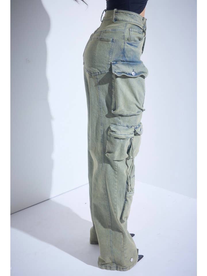 Green Stretch Denim Cargo Jeans for wholesale on Faire2