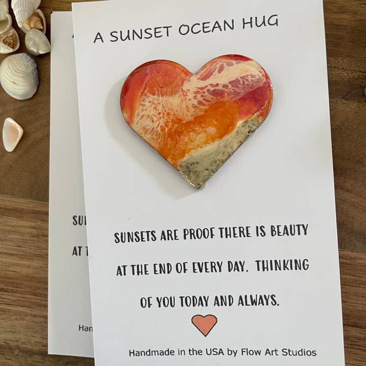 Flow Art Studios - Wholesale Everyday Greeting Card - Sunset Ocean Hug Card - Everyday Handmade Card Resin Heart