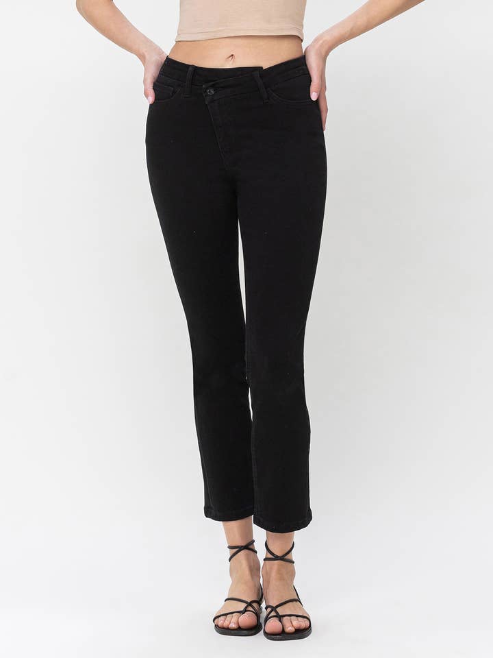 HIGH RISE CROSSOVER WAISTBAND SLIM STRAIGHT JEANS T5924 for wholesale by VERVET by FLYING MONKEY