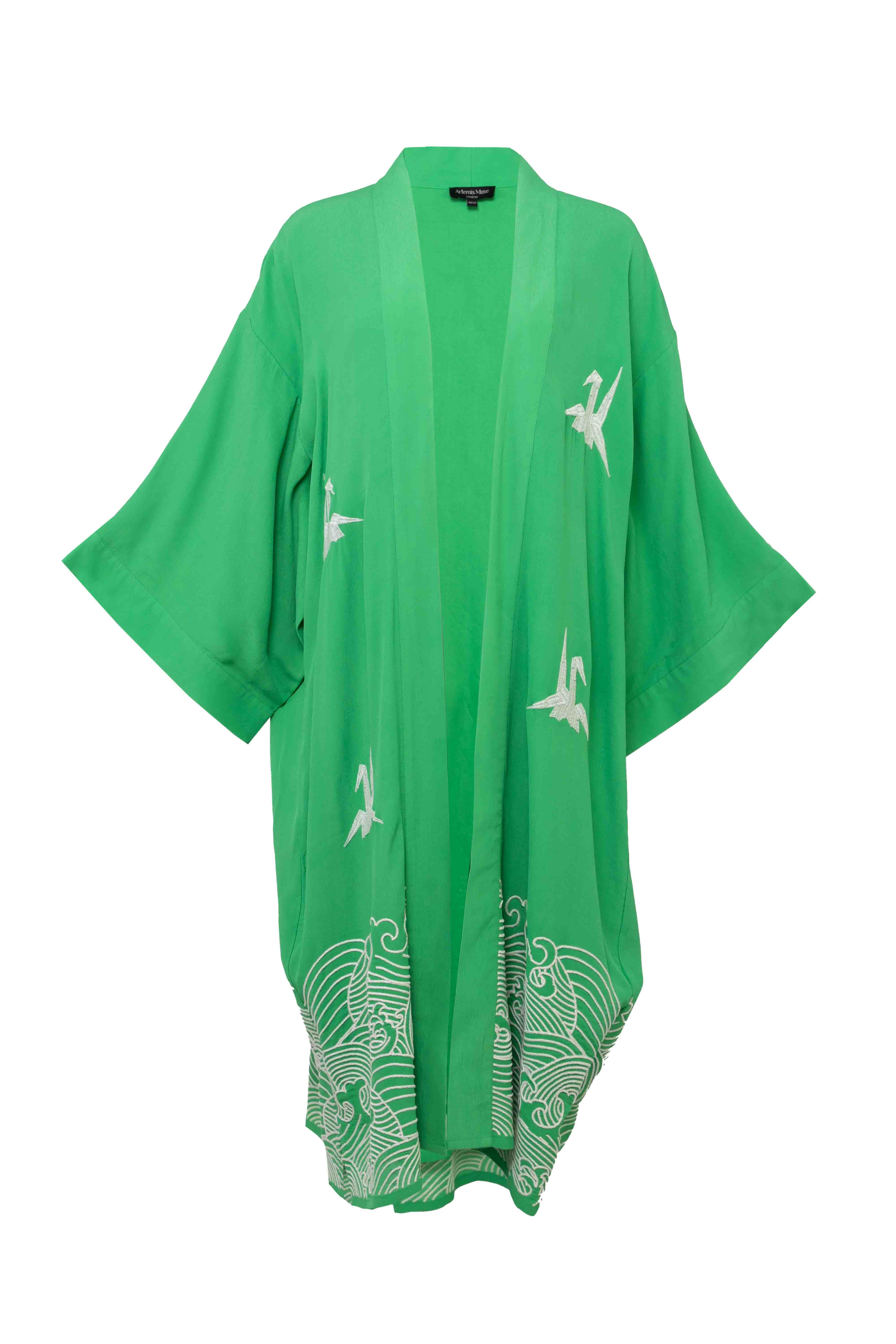 Artemis Muse – wholesale Kimono – Women's – Origami and Hokusai Wave Embroidered Fully Lined Island Green Long Kimono9