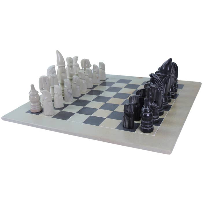 Global Crafts - Wholesale Board Game - Soapstone Hand-Carved Chess Set - African Maasai Tribe Pieces - Grey/Natural Stone3