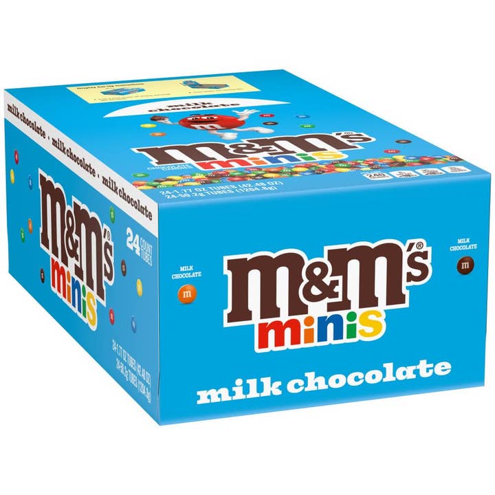 Tubi Mega di Caramelle al Cioccolato al Latte M&M Mini 1,77 oz 24 pz per la vendita all'ingrosso da parte di Long Island Candy Factory