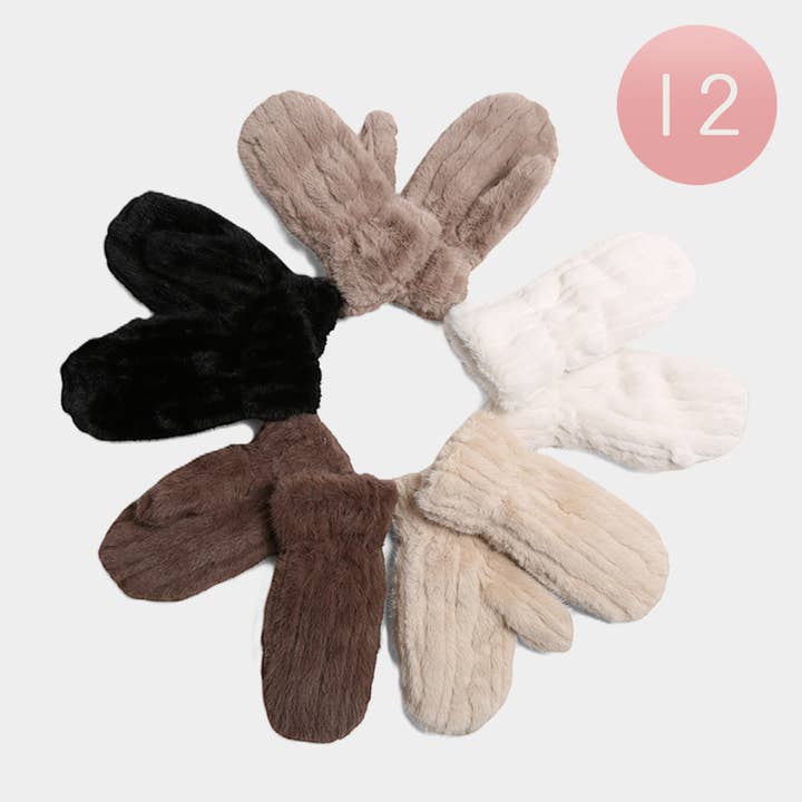 12Pairs - Plain Seamed Faux Fur Winter Mittens for wholesale by Sensibling Corp.